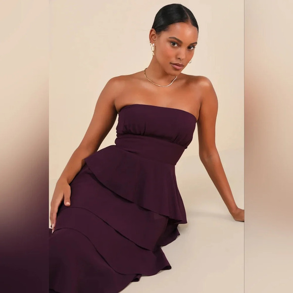 Lulus Gorgeous Essence Dark Purple Strapless Tiered Maxi Dress Wedding Party - Picture 4 of 8